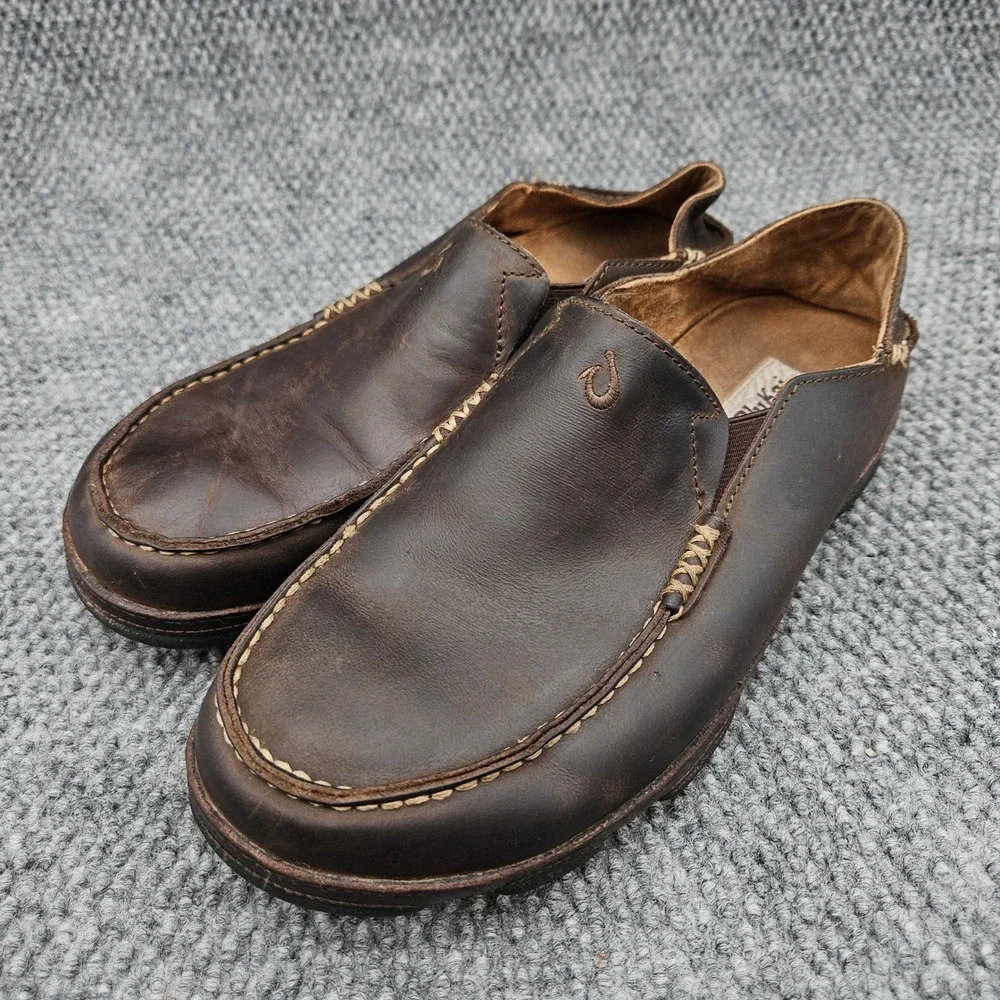 OluKai (Men's 9.5) Brown Moloa Leather Slip On Loafers Casual Shoes Moccasin